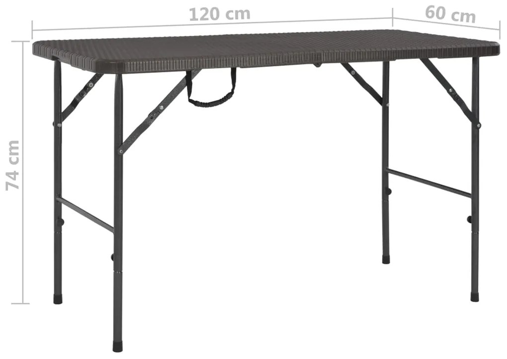 Mesa jardim dobrável 120x60x74cm PEAD castanho c/ aspeto vime