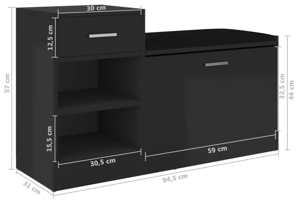 Banco sapateira 94,5x31x57 cm derivados madeira preto brilhante