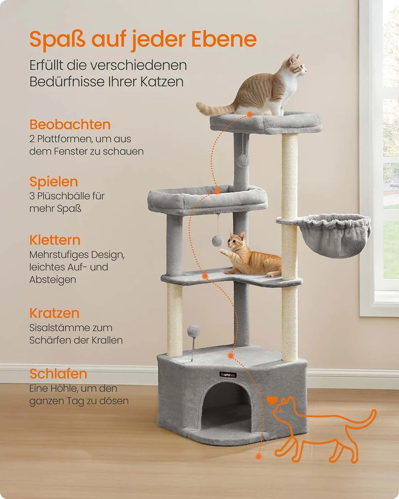Arranhador para gatos com grande cavidade e várias áreas para brincar e descansar 48,5 x 48,5 x 140,7 cm Cinzento