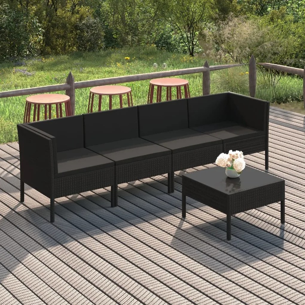vidaXL 5 pcs conjunto lounge de jardim c/ almofadões vime PE preto