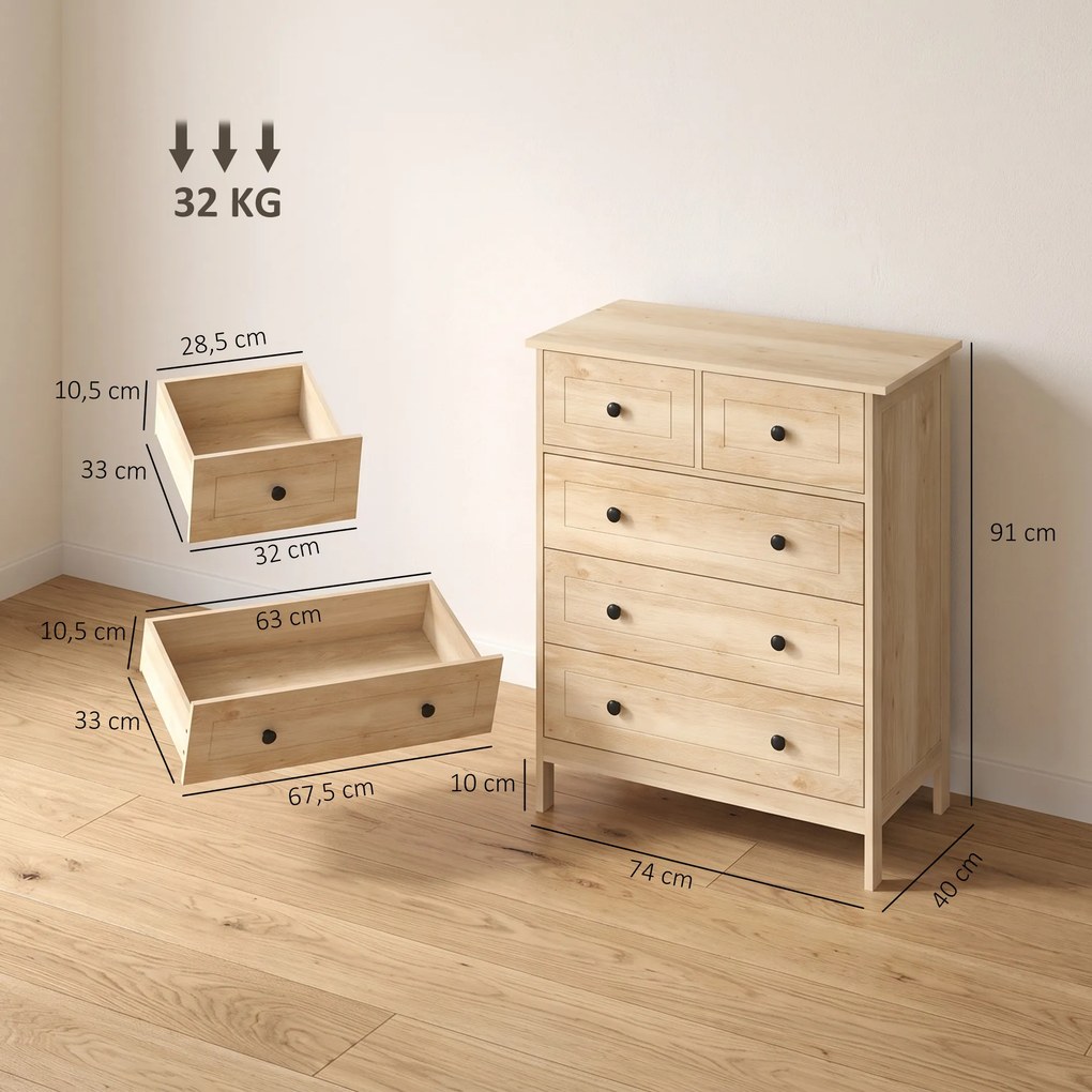Cómoda de Quarto com 5 Gavetas, 74 x 40 x 91 cm, Design Contemporâneo, Cor Carvalho