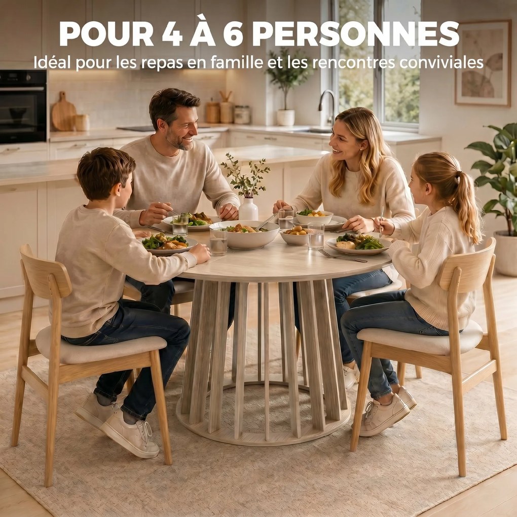 Mesa de jantar redonda para 4 a 6 pessoas, Ø 120 x 75 cm (CADEIRAS NÃO INCLUIDAS), mesa de cozinha com base robusta em ripas, madeira natural