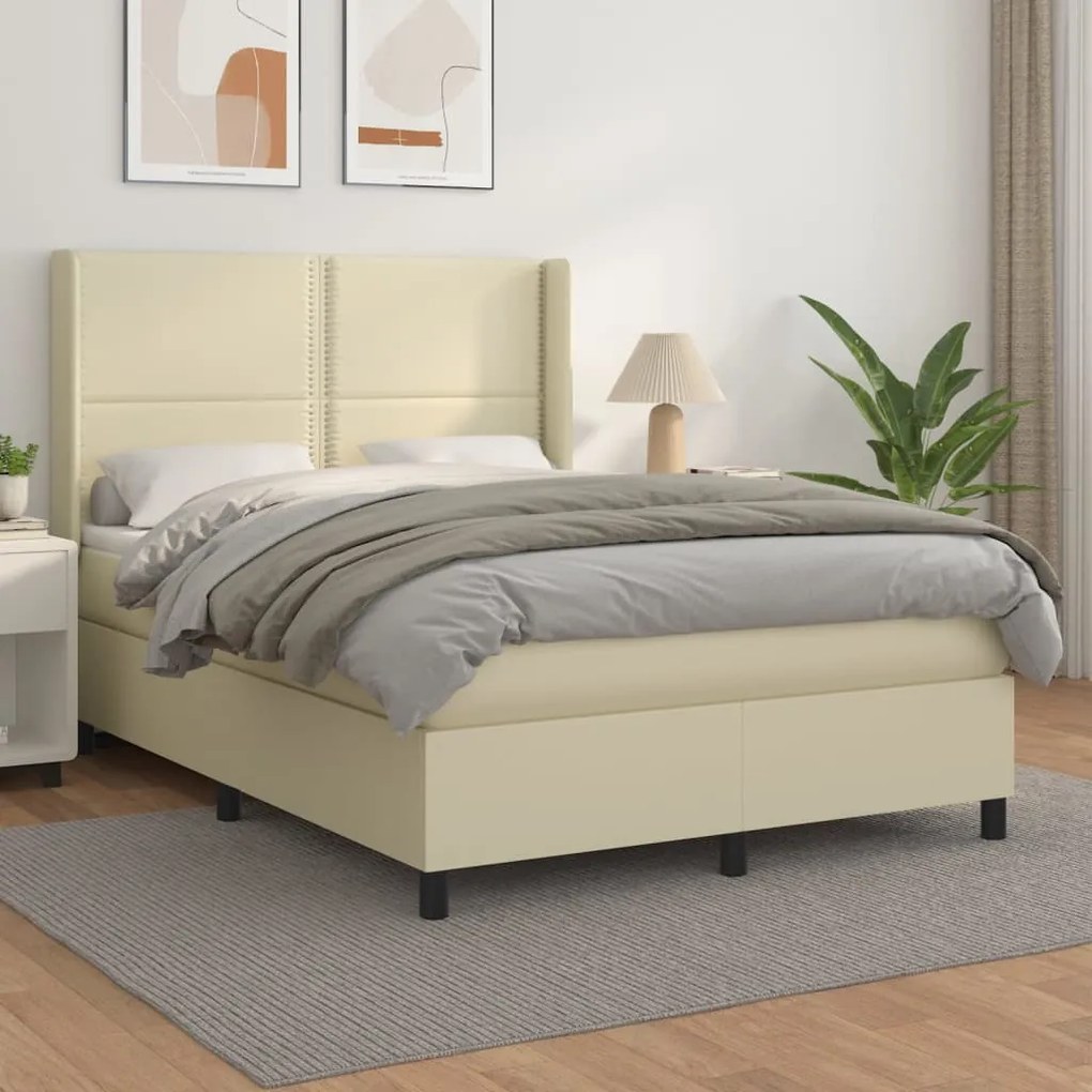vidaXL Cama com molas/colchão 140x200 cm couro artificial cor creme