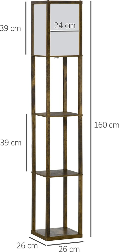Candeeiro de Pé de Madeira com 3 Prateleiras para Lâmpada E27 Potência Máx. 40W 26x26x160 cm Castanho Rústico