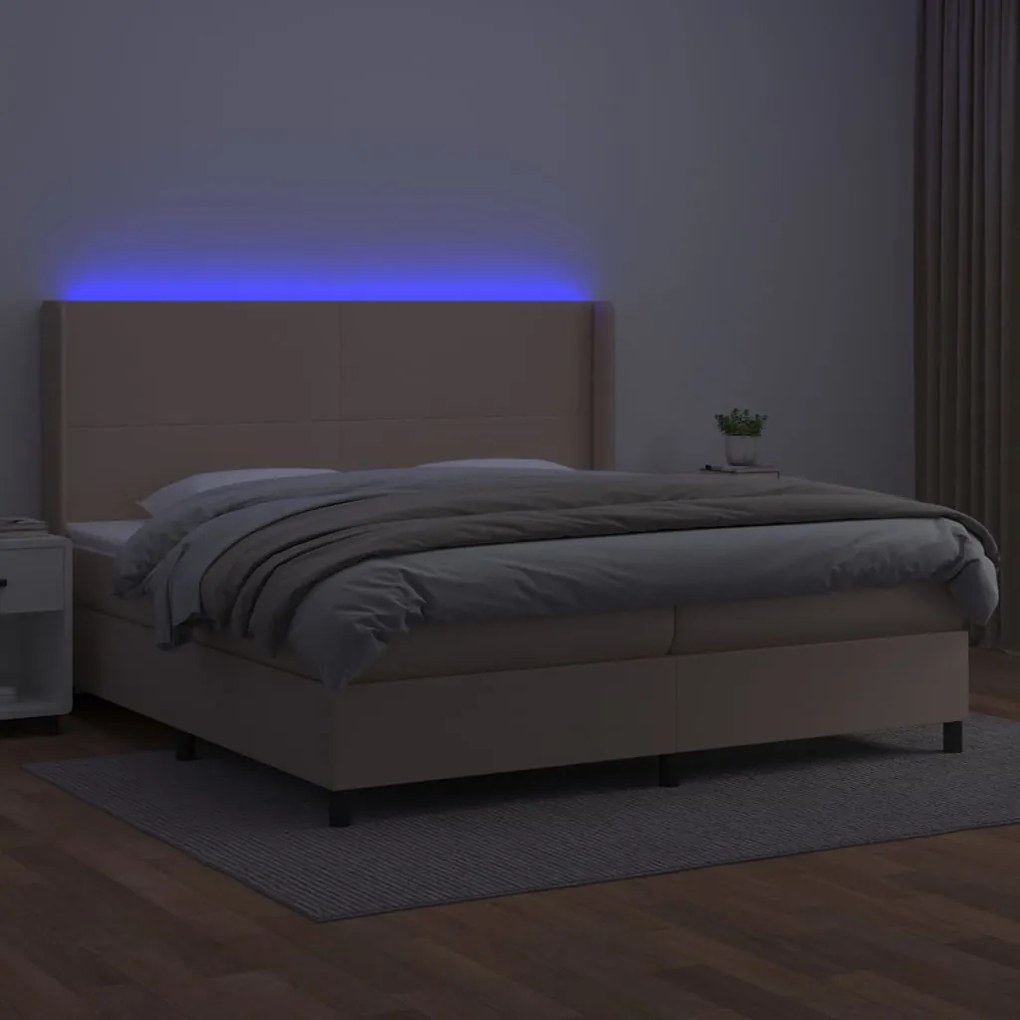 Cama box spring c/colchão/LED 200x200cm couro artif. cappuccino