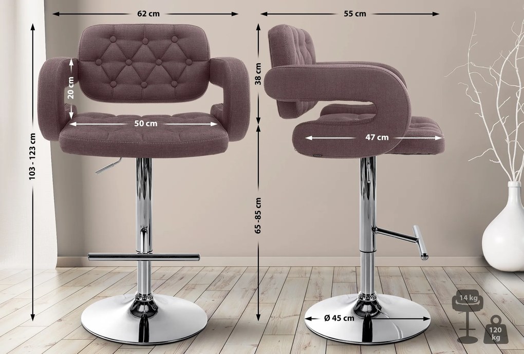 Banco de bar Dublin STOFF C regulável altura 103 - 123 x 63 x 55 cm com revestimento em tecido castanho