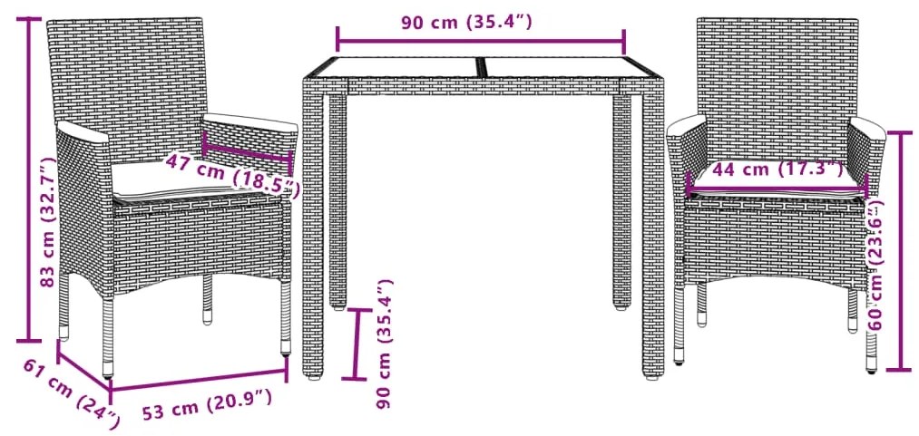 3 pcs conjunto jantar jardim c/ almofadões vime PE/vidro cinza