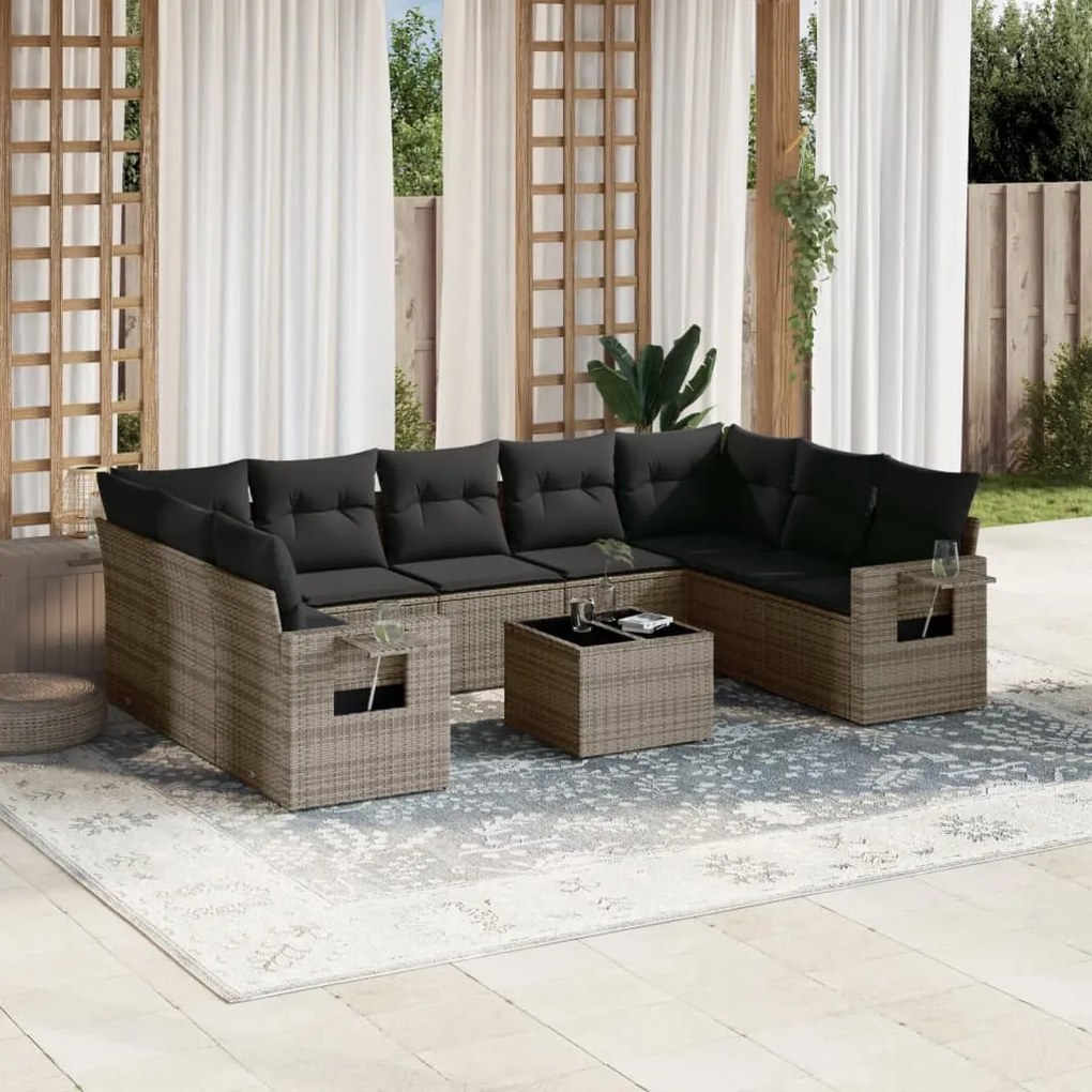 10 pcs conjunto sofás de jardim c/ almofadões vime PE cinzento