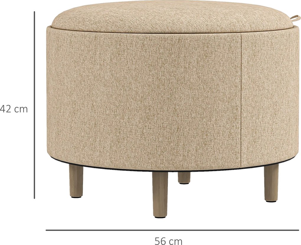 Pufe redondo, apoio para os pés 56 L x 56 P x 42 A cm e banco com compartimento de arrumação, tabuleiro reversível, móvel 3 em 1 com pernas em madeira