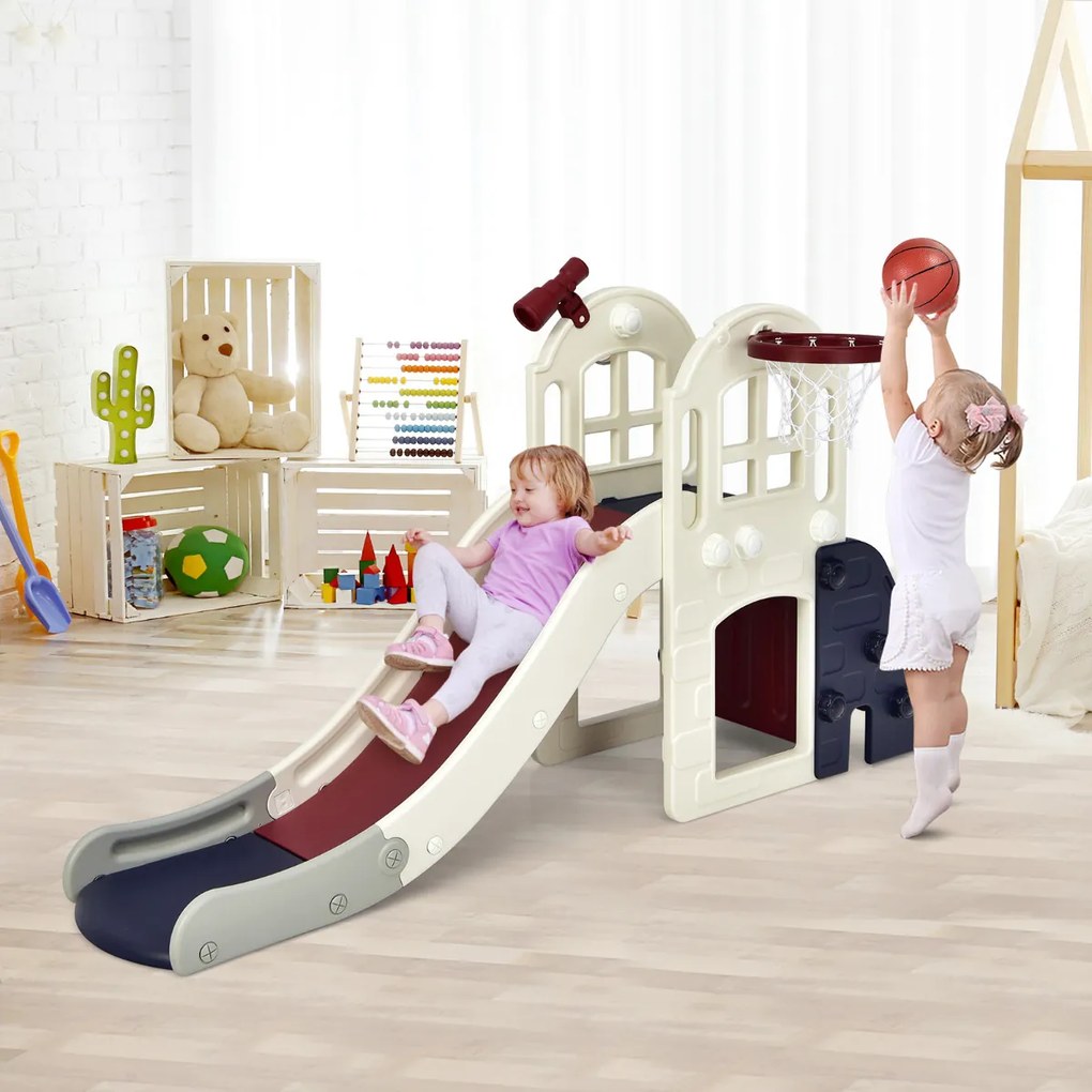 Escorrega infantil grande 6 em 1, jogo com anel de bola de basquetebol, telescópio para uso interno e externo 189,5 x 83 x 98 cm azul