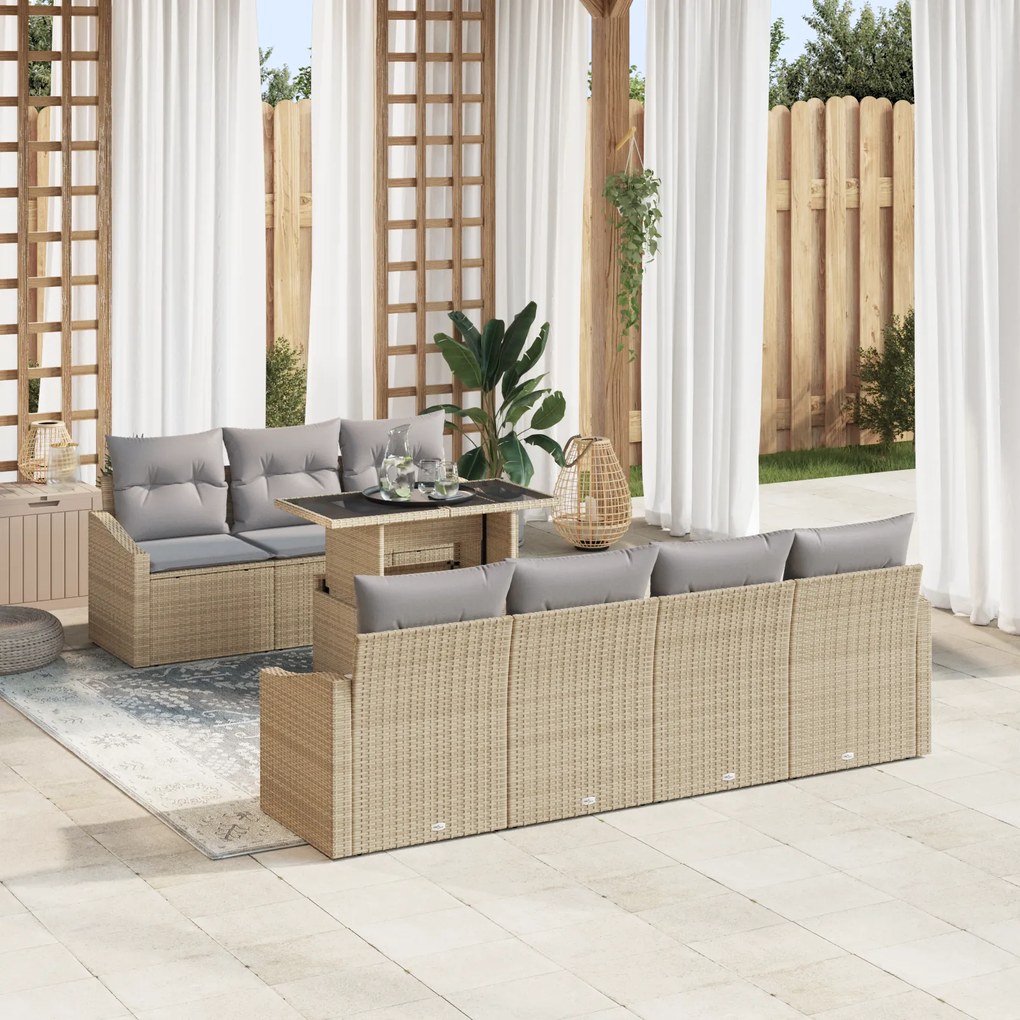 Conjunto de Sofá para Jardim 8 Peças com Almofadas Bege em Poliratan