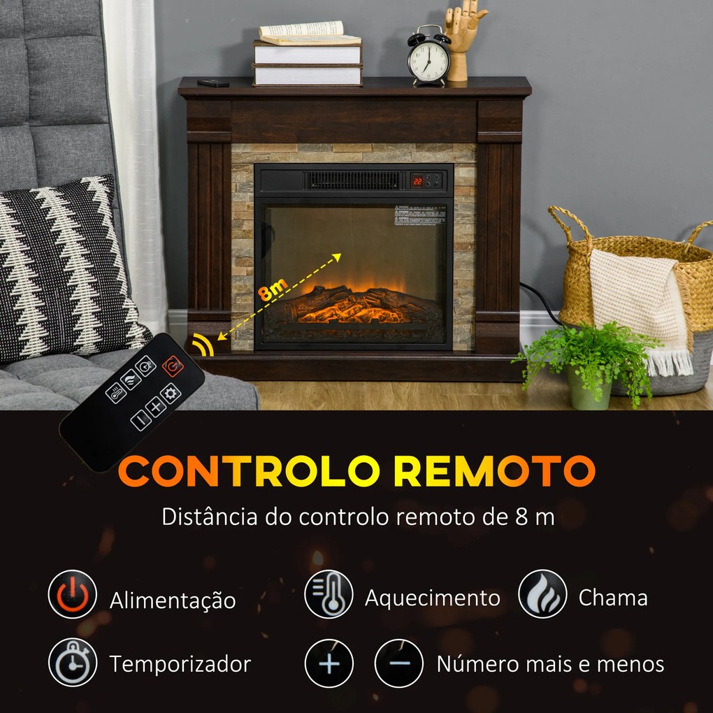 HOMCOM Lareira Elétrica 1800W Lareira com Efeito de Chama Realista Controlo Remoto Temporizador e Proteção Contra Superaquecimento para Ambientes de 30 m² 80x21,6x67,8 cm Marrom