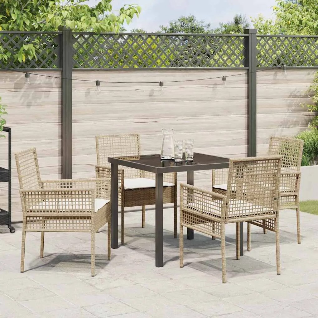 Conjunto de Jantar de 5 Peças com Almofadas Bege Rattan Poliéster