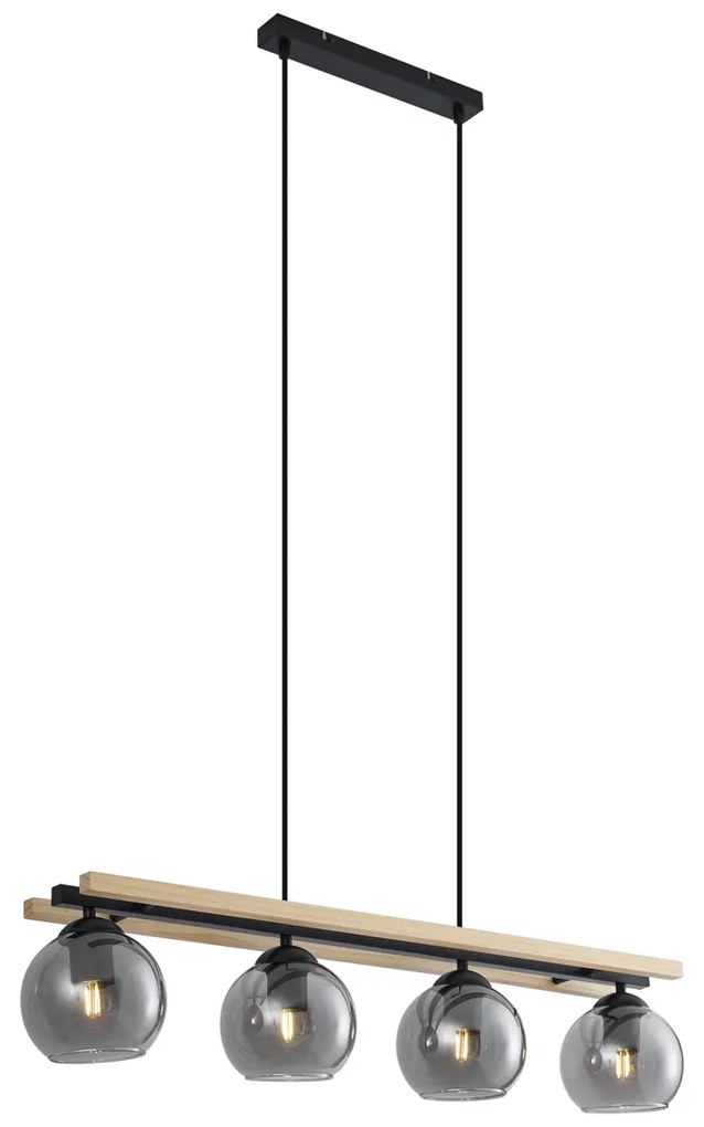Candeeiro suspenso moderno preto com madeira e vidro fumado 4 luzes - Aleks Moderno