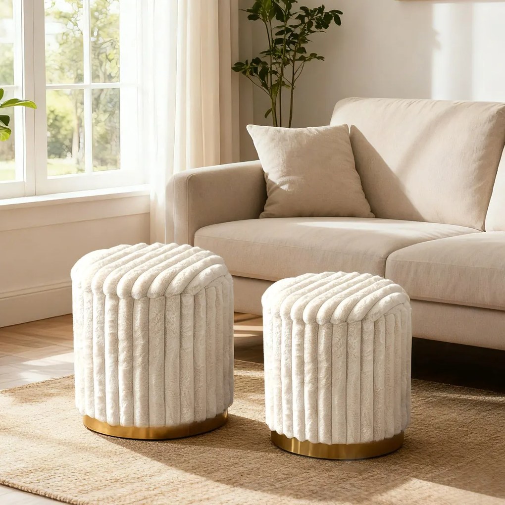 Conjunto de 2 pufe modernos 32 L + 21 L Pufes redondos estofados em pele de coelho com tampas removíveis e espaço bege