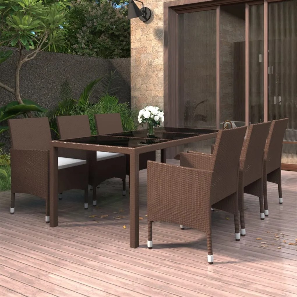 vidaXL 7 pcs conj. jantar p/ jardim vime PE e vidro temperado castanho