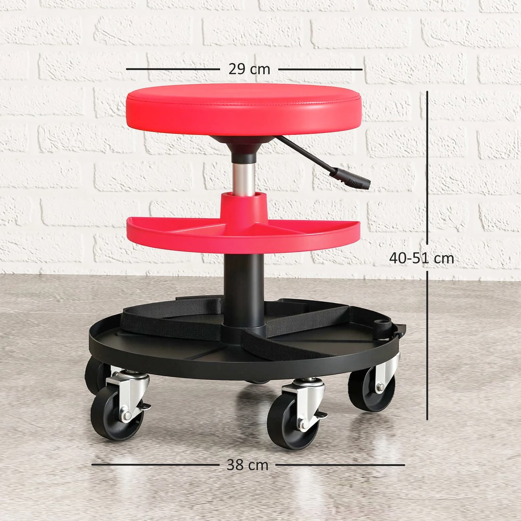 Banco de Oficina Giratório com Rodas Altura Ajustável de 40-51 cm Banco para Mecânico com 2 Bandejas para Ferramentas, Vermelho