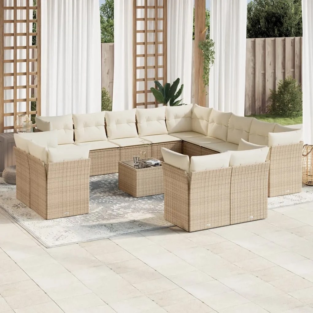 14 pcs conjunto de sofás p/ jardim com almofadões vime PE bege
