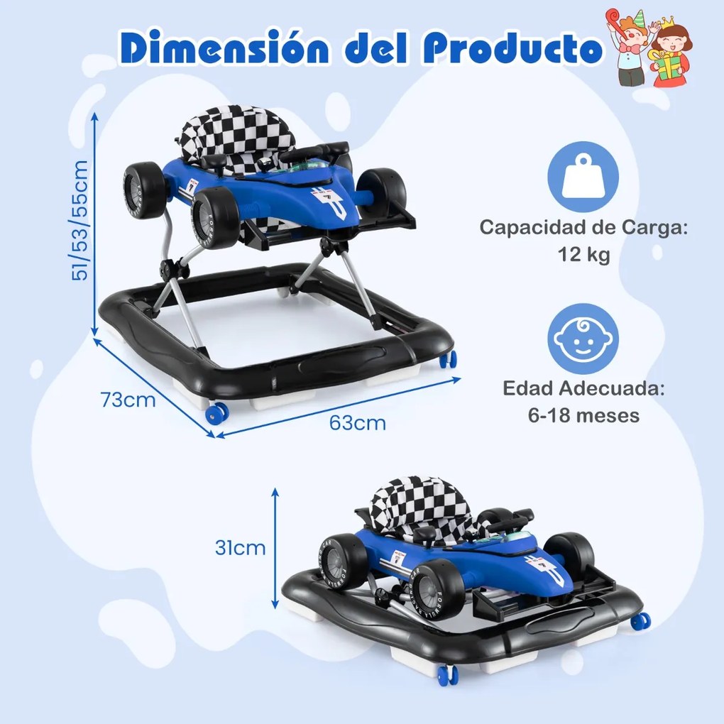 Andarilho para bebés 4 em 1 com altura ajustável em 3 níveis, volante, com assento almofadado e caixa de música azul