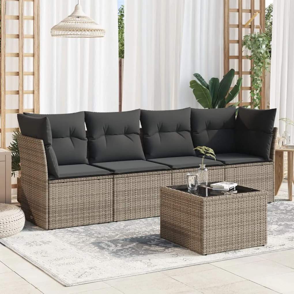 5 pcs conjunto sofás de jardim c/ almofadões vime PE cinzento