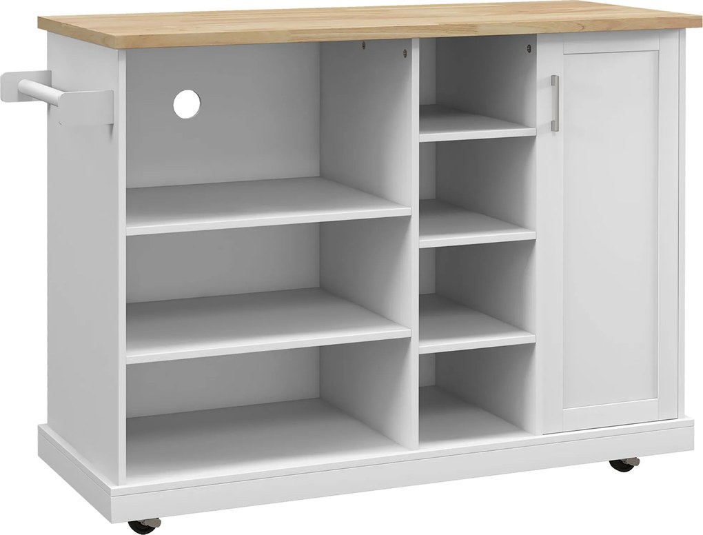 HOMCOM Carrinho ilha de cozinha com rodízios 7 compartimentos 1 armário 1 porta 1 suporte para panos 129 x 51 x 93 cm madeira e branco | Aosom Portugal