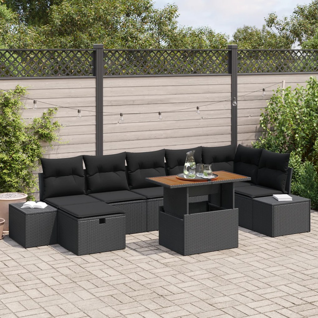 Conjunto de Sofá de Jardim 8 Peças com Almofadas Preto Rattan Poliéste