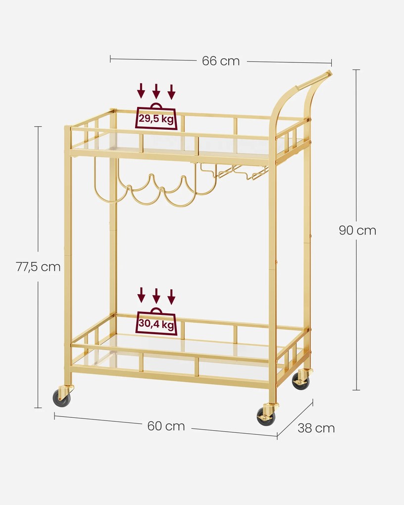 Carrinho de cozinha ou bar com 2 prateleiras de vidro espelhado 38 x 60 x 90 cm Dourado