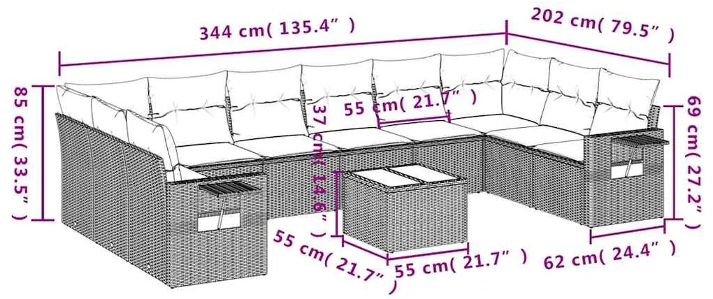 11 pcs conjunto sofás de jardim c/ almofadões vime PE cinzento