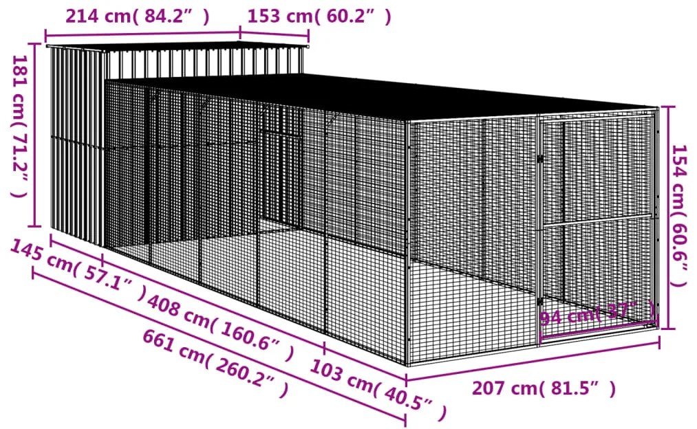 Casota p/ cães c/ parque 214x661x181 cm aço galvaniz. antracite