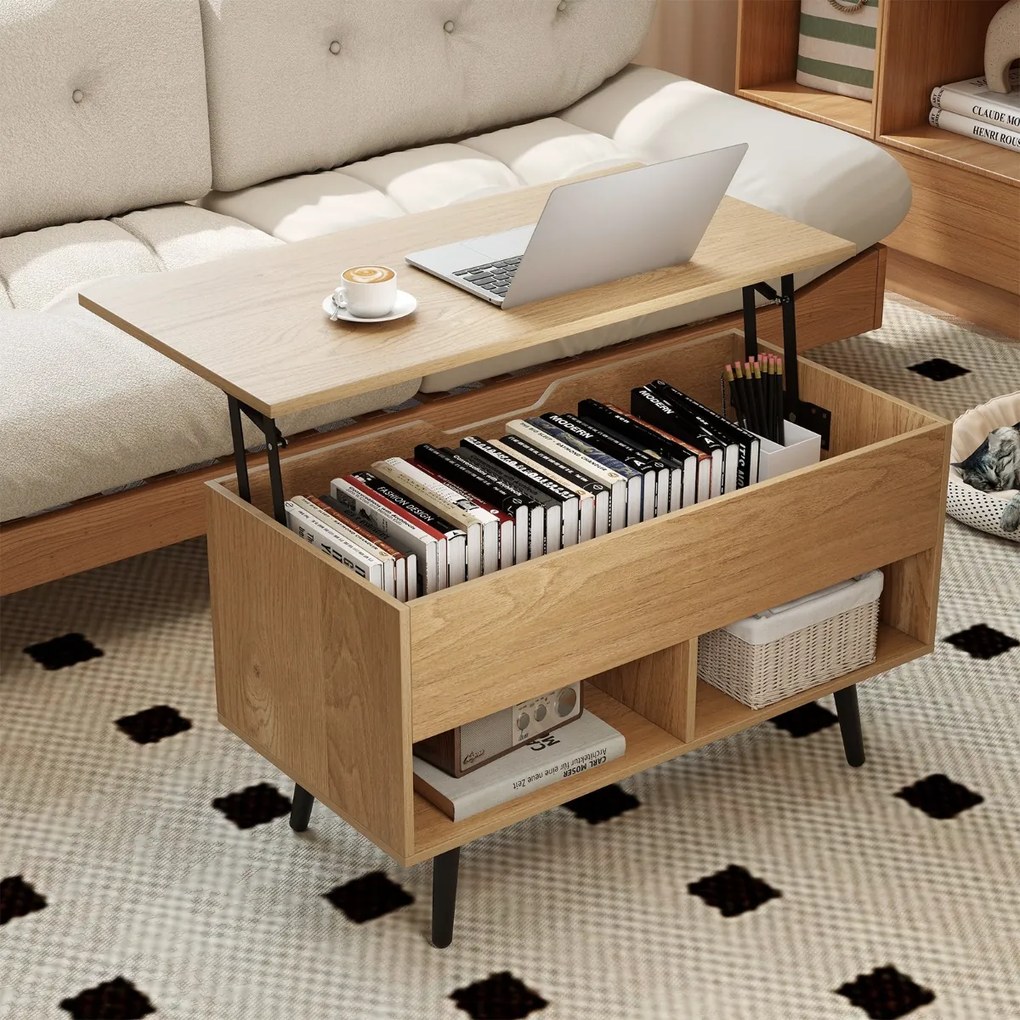 Mesa de centro com tampo elevável 80 x 40 x 46 cm, compartimento oculto e 2 prateleiras para sala de estar Natural