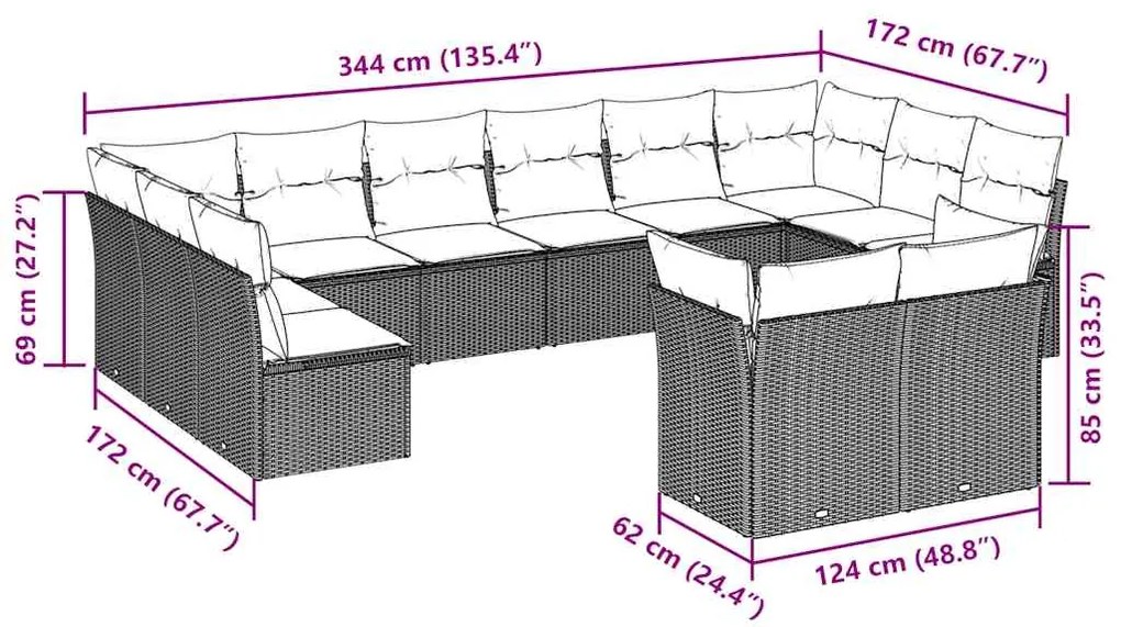 12 pcs conjunto de sofás jardim com almofadões vime PE castanho