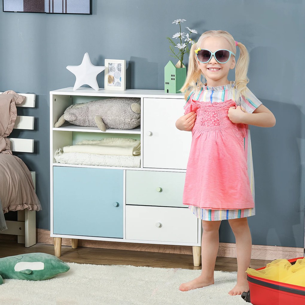 HOMCOM Móvel Infantil Cómoda para Crianças com 2 Compartimentos 2 Gavetas e 2 Armários para Armazenamento de Livros Brinquedos Roupa 80x30x85cm Azul Verde Menta Branco