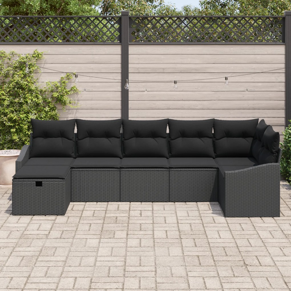 Conjunto de Sofá de Jardim de 7 Peças com Almofadas Preto Vime PE
