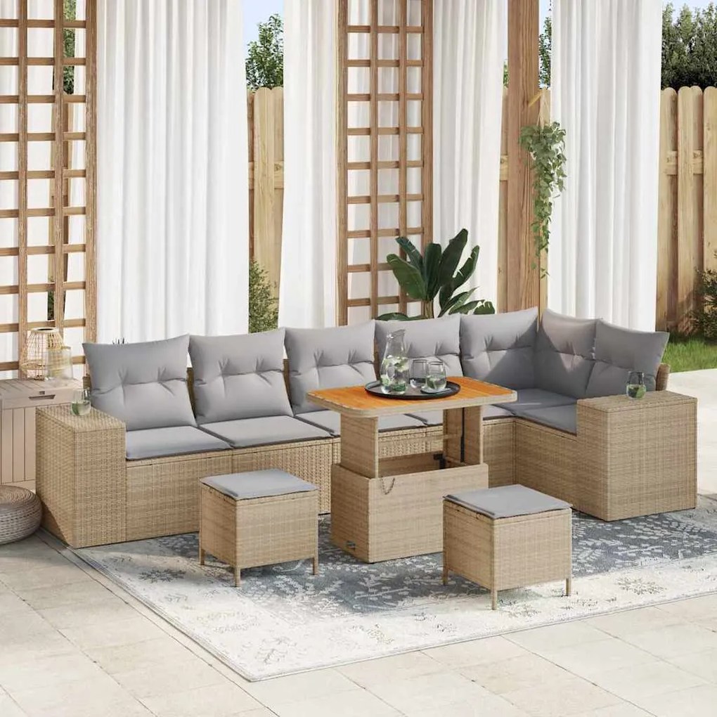 vidaXL Conjunto de Sofá de Jardim com almofada 9 pcs Bege vime PE