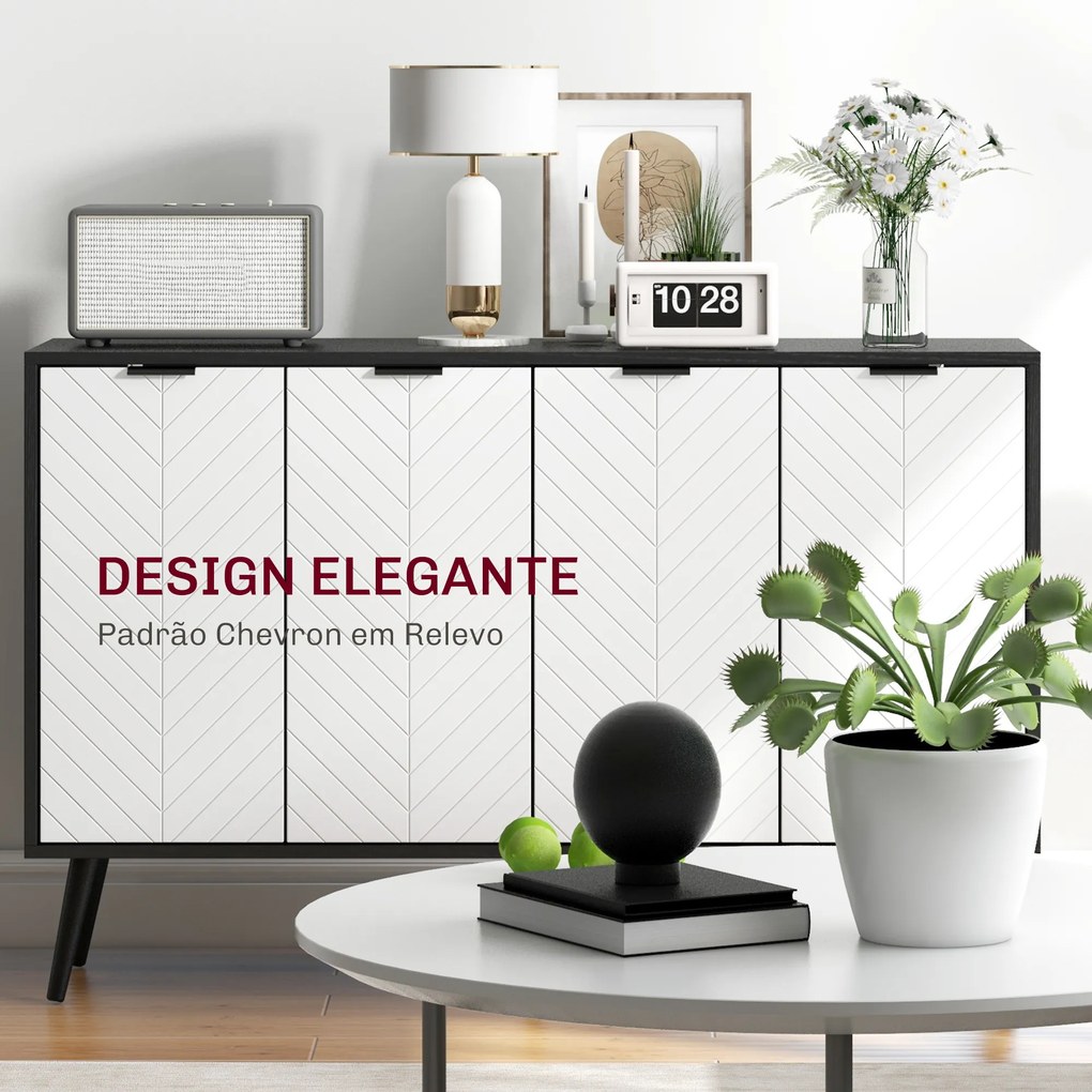 Aparador de 4 Portas, Aparador de Sala com Prateleiras Ajustáveis e Pés de Madeira para Cozinha Branco e Preto 120x35x77,4 cm