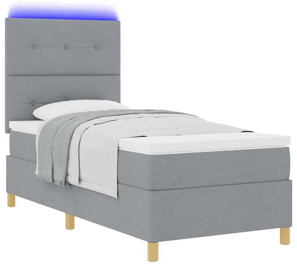Camas Box com Colchão e Luz LED Cinza Claro 100x200 cm Tecido