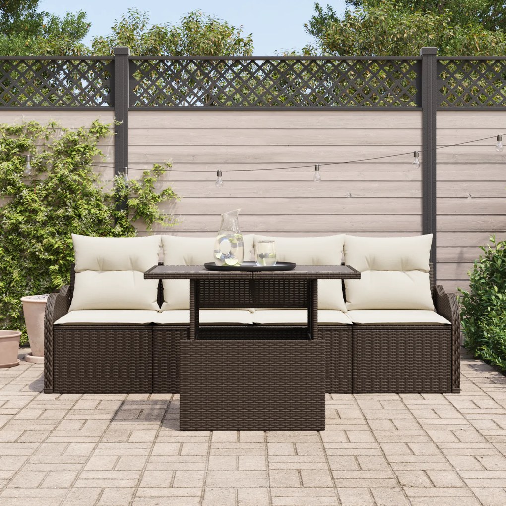 Conjunto de Sofá de Jardim de 5 Peças com Almofadas Castanho Rattan Po