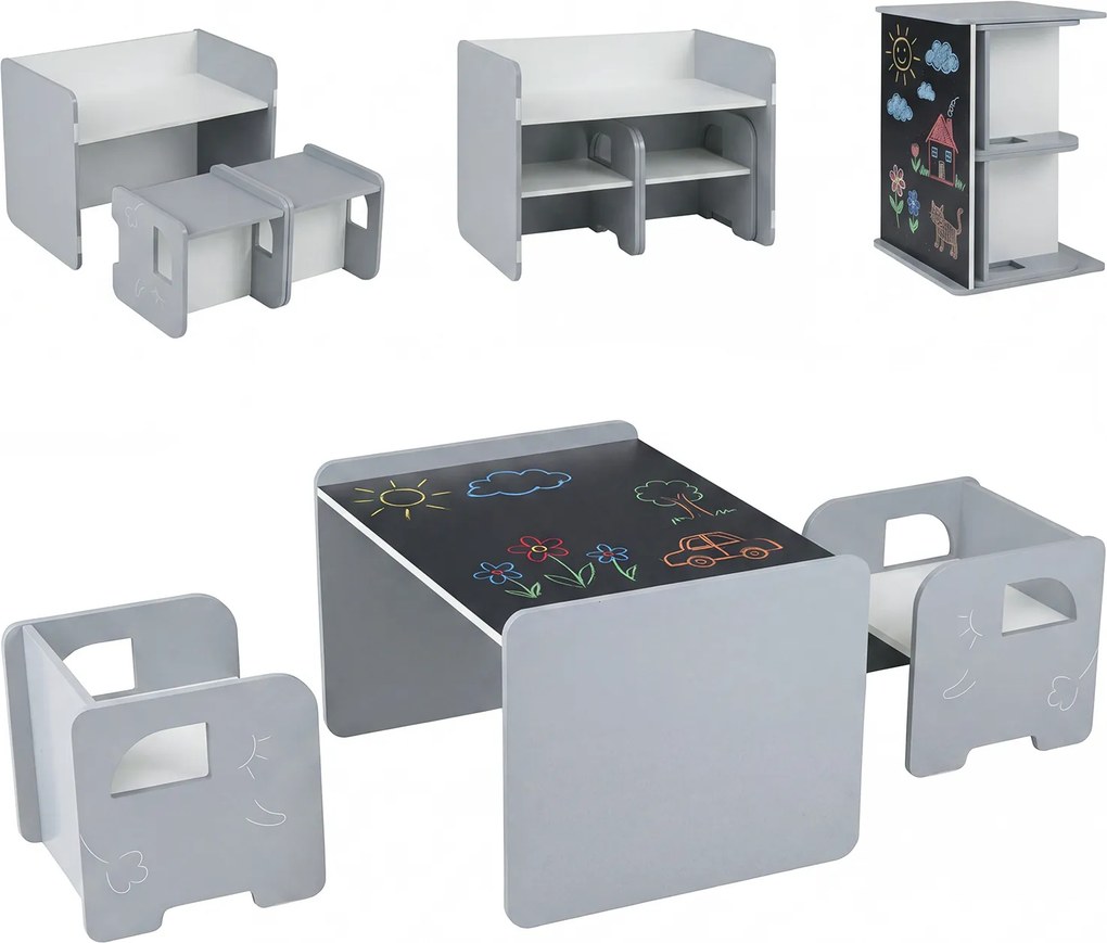 Conjunto de mesa e 2 cadeiras infantis com quadro de giz integrado e motivo de elefante em madeira, para crianças a partir dos 3 anos, sala de jogos/c