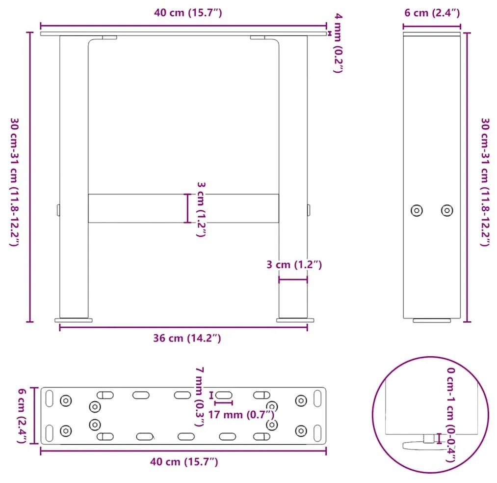 Pés para mesa de centro pretos 2 peças 40x(30-31) cm aço