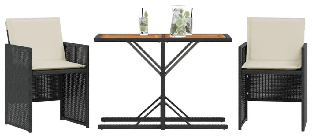 3 pcs conjunto de bistrô com almofadões vime PE preto