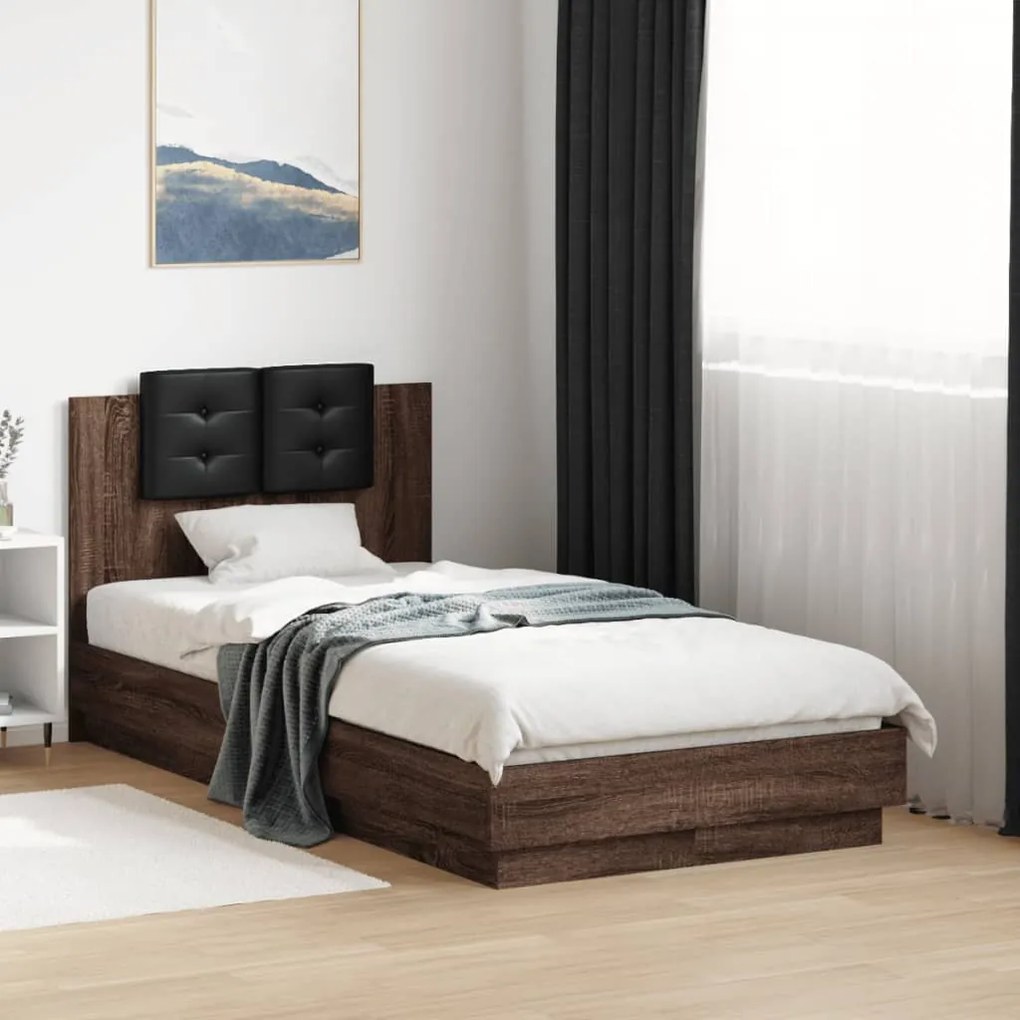 Estrutura cama cabeceira/luzes LED 75x190 cm carvalho castanho