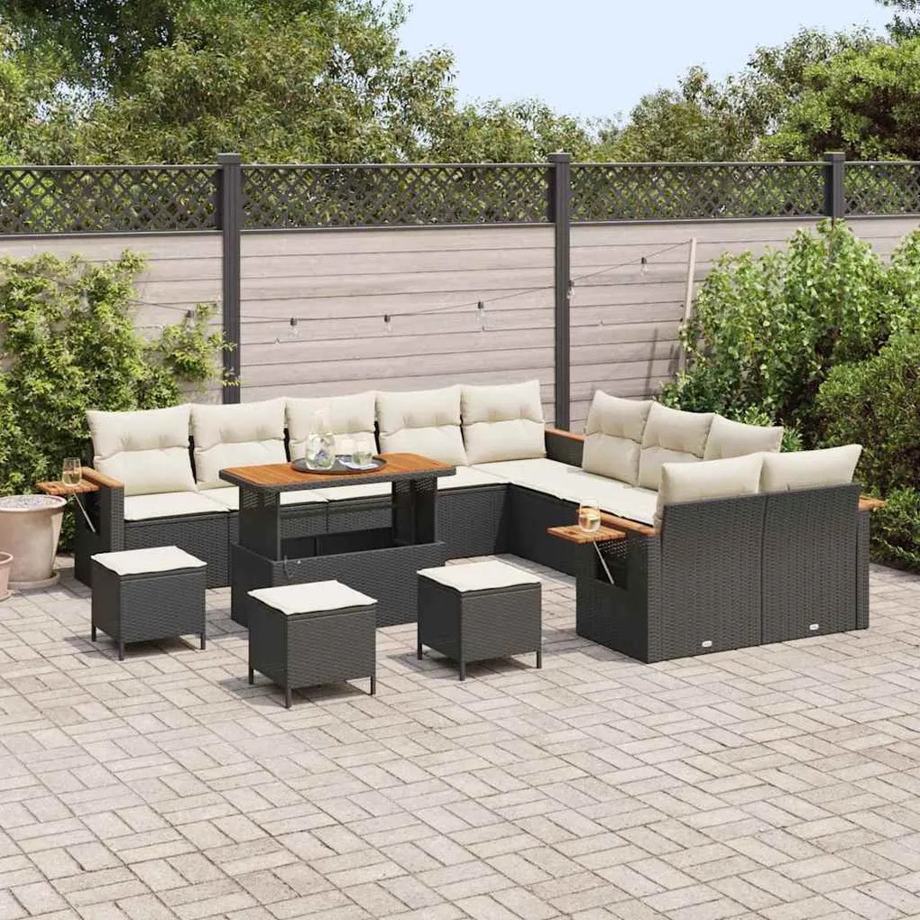Conjunto de Sofá de Jardim de 14 Peças com Almofadas - Preto Poli Ratt