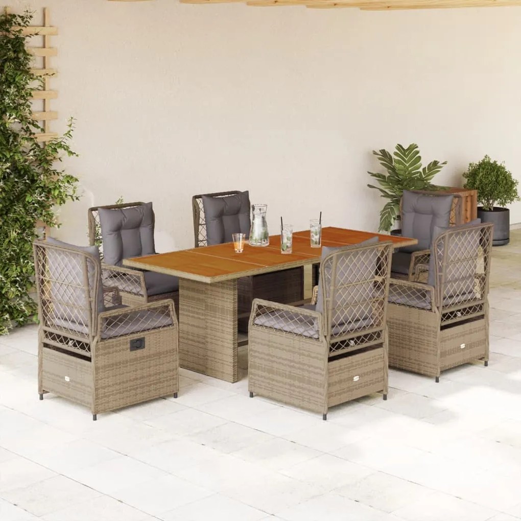 vidaXL 7 pcs conjunto de jantar p/ jardim com almofadões vime PE bege