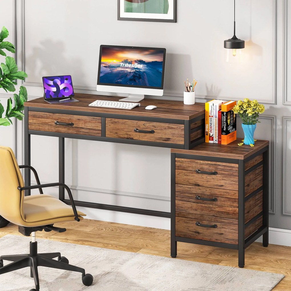 Tabela de computador com 5 gavetas Desk para estudar com gabinete reversível de gavetas