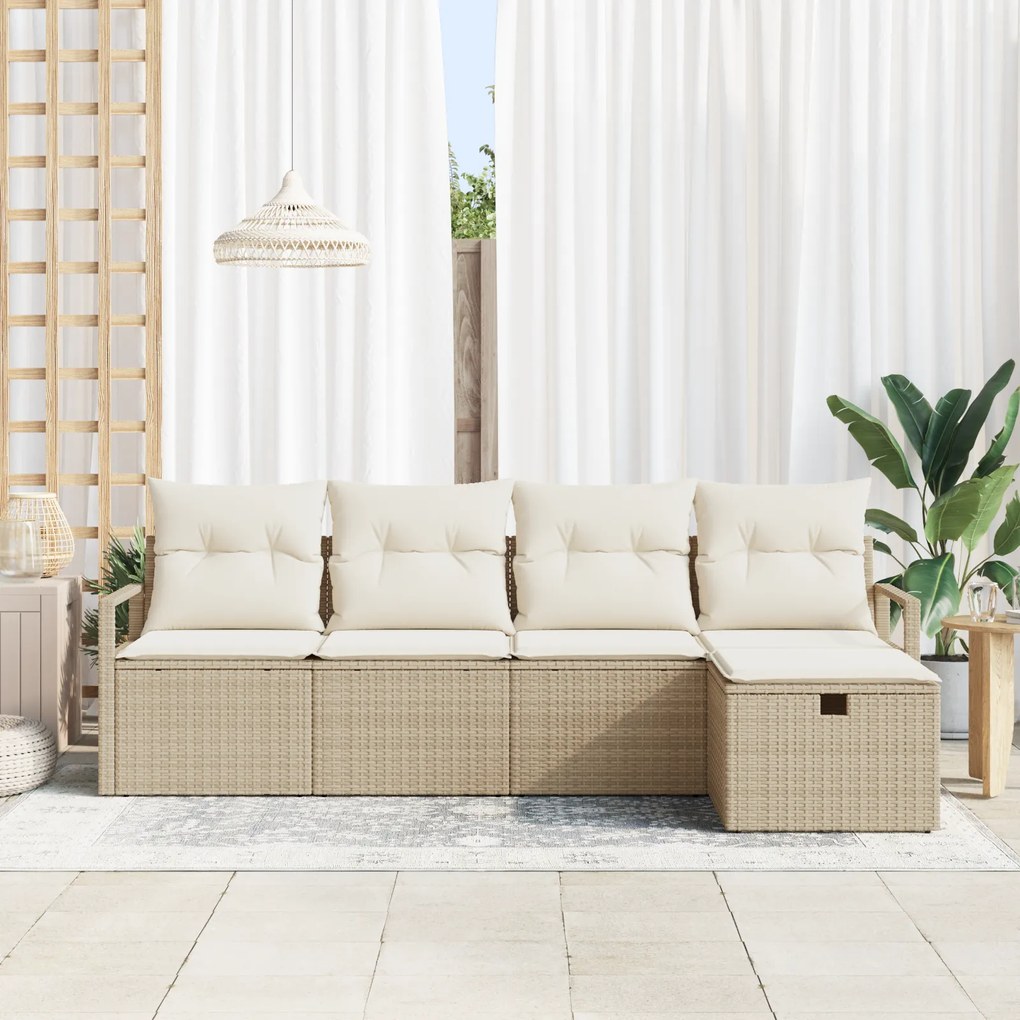 Conjunto de Sofá de Jardim de 5 Peças com Almofadas Bege Rattan PE