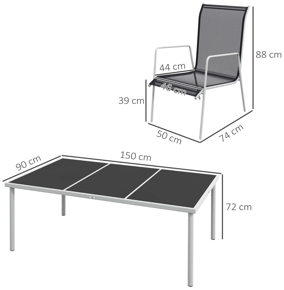 Conjunto de Refeição 7 Peças com Mesa de Vidro Temperado e 6 Cadeiras Empilháveis com Apoio para os Braços Preto