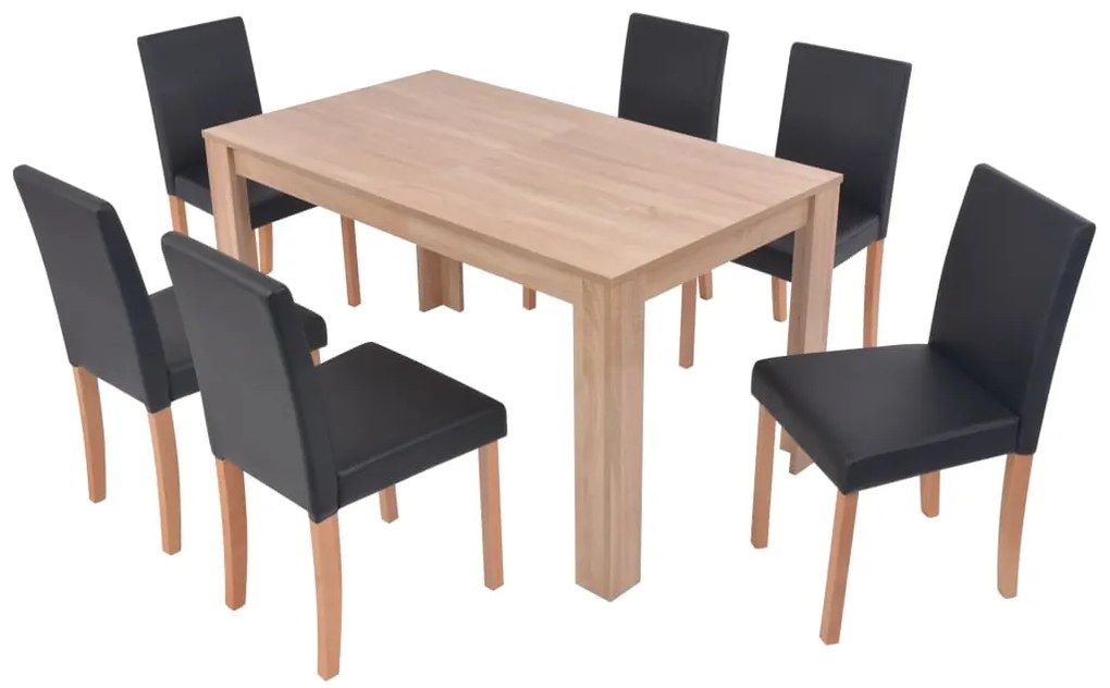 Mesa e cadeiras de jantar 7 pcs couro artificial carvalho preto