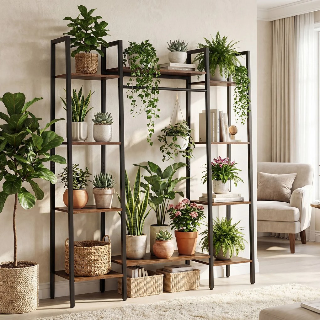 Suporte para plantas 120 x 29 x 141 cm de 10 níveis com iluminação LED ajustável, estrutura metálica, estantes e barra de arrumação para vasos, Castan