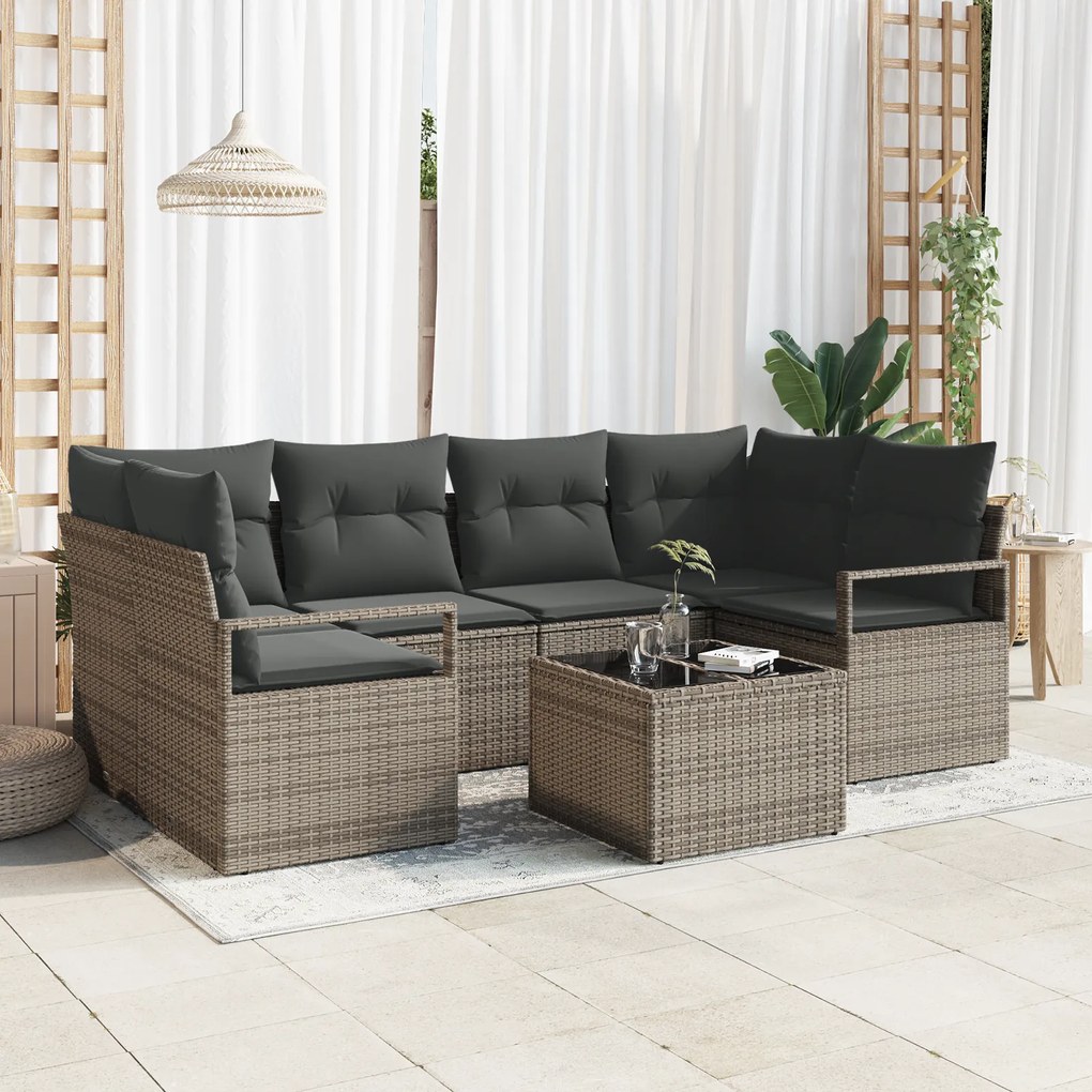 Conjunto de Sofá para Jardim vidaXL 7 Peças com Almofadas Cinza Rattan