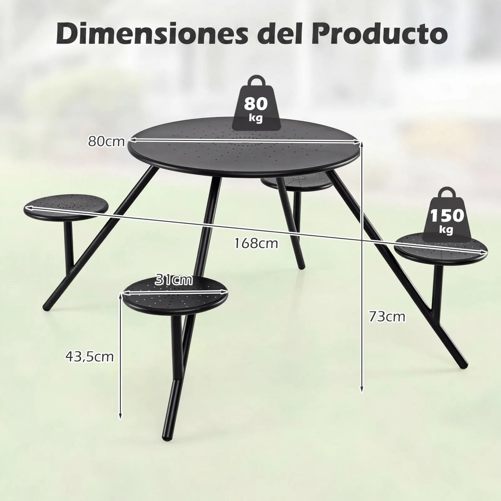 Conjunto de Mesa de Piquenique Redonda e 4 Cadeiras, 168 x 73 cm, Estrutura Metálica Resistente às Intempéries, Preto